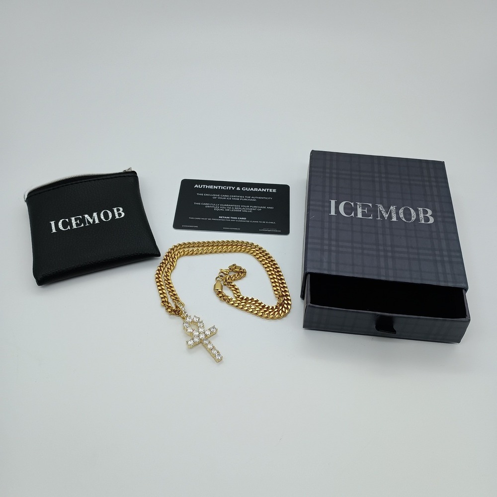 Ice Mob Gold-Tone Cuban Link Chain 20 Inch Iced Out Ankh Cross Pendant Necklace‎